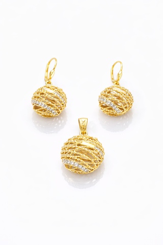 18K Solid Gold Textured Sphere Set – Earrings & Pendant with Diamond-Cut Detail