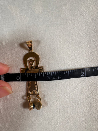 18K Solid Gold Ankh Pendant (Green Drop Accents)