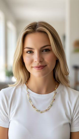 ✨ Celestia Aurora – 18K Solid Gold Multi-colored Link Necklace