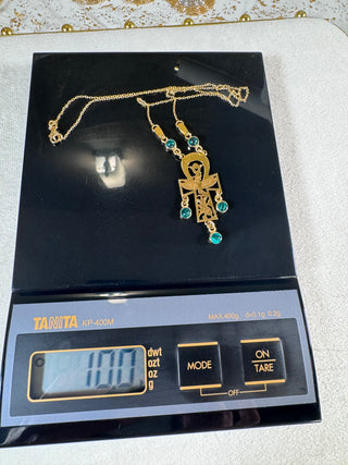 Celestial Ankh Necklace – 18K Solid Gold with Green Stone Accents