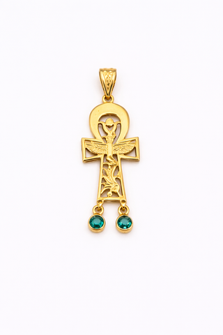 18K Solid Gold Ankh Pendant (Green Drop Accents)