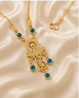 Celestial Ankh Necklace – 18K Solid Gold with Green Stone Accents