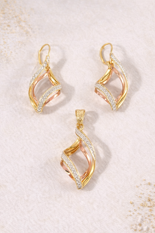 18K Solid Gold Tri-Tone Diamond-Cut Set – Earrings & Pendant