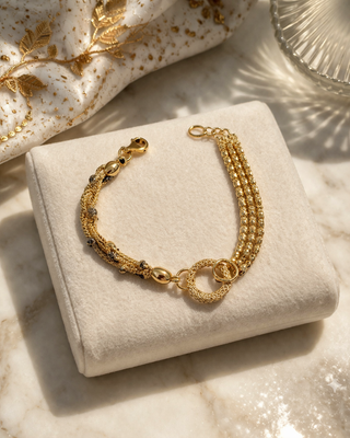 18K Solid Gold Multi-Chain Statement Bracelet – Textured Links & Pavé Ring Detail