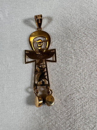 18K Solid Gold Ankh Pendant (Green Drop Accents)