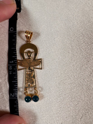 18K Solid Gold Ankh Pendant (Green Drop Accents)