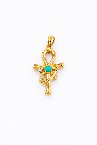 18K Solid Gold Ankh Pendant with Turquoise – Egyptian Symbol of Life