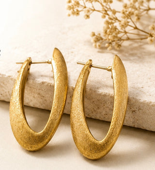 18K Solid Gold Sculpted Oval Hoop Earrings