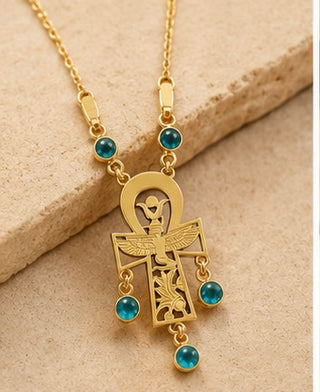 Celestial Ankh Necklace – 18K Solid Gold with Green Stone Accents